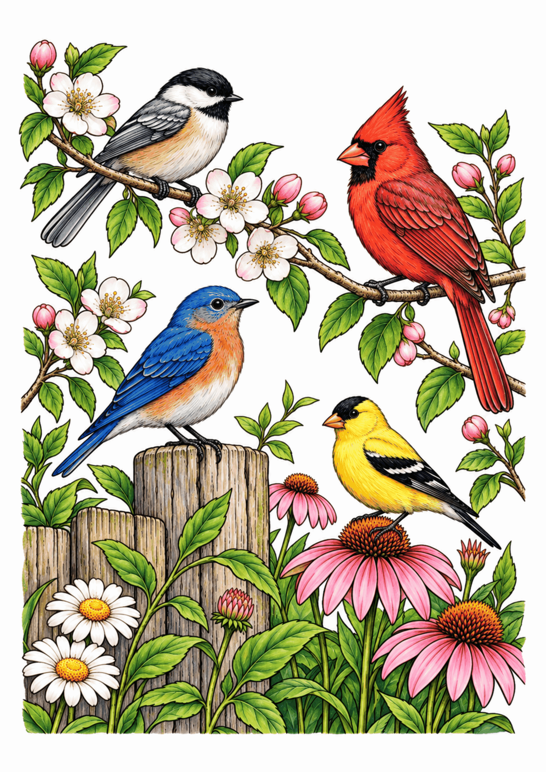 Four colorful songbirds perched among flowering branches and garden blossoms.