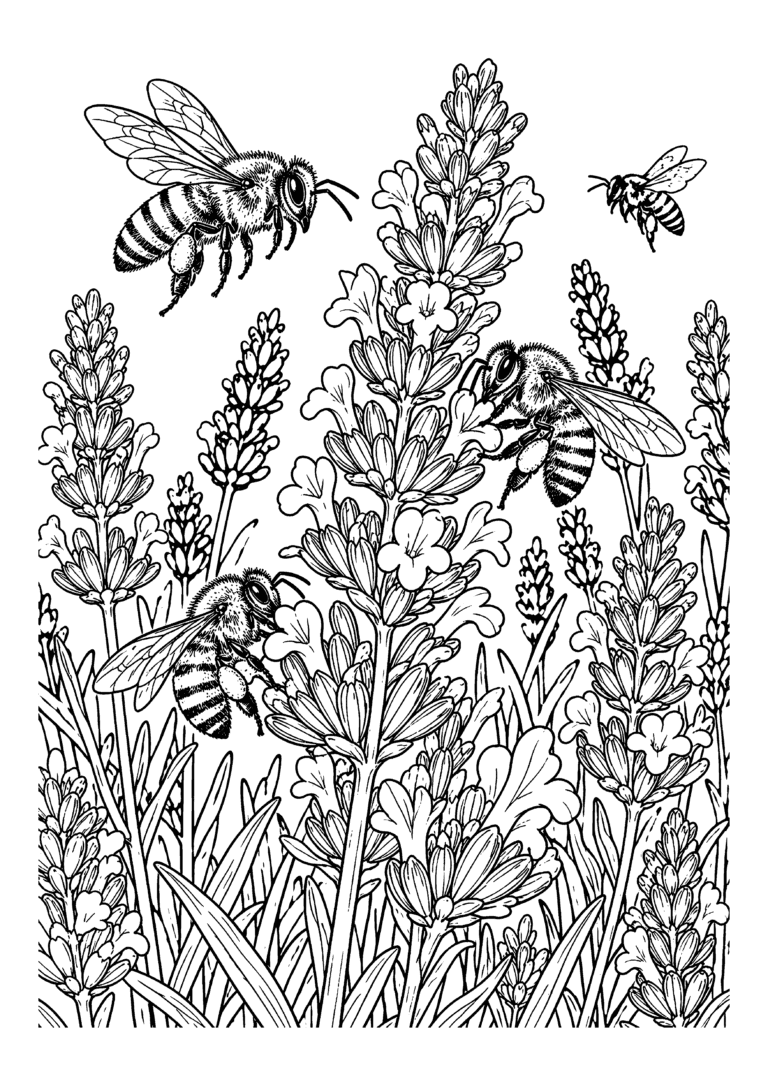 Black-and-white coloring page of bees hovering over blooming lavender stems.