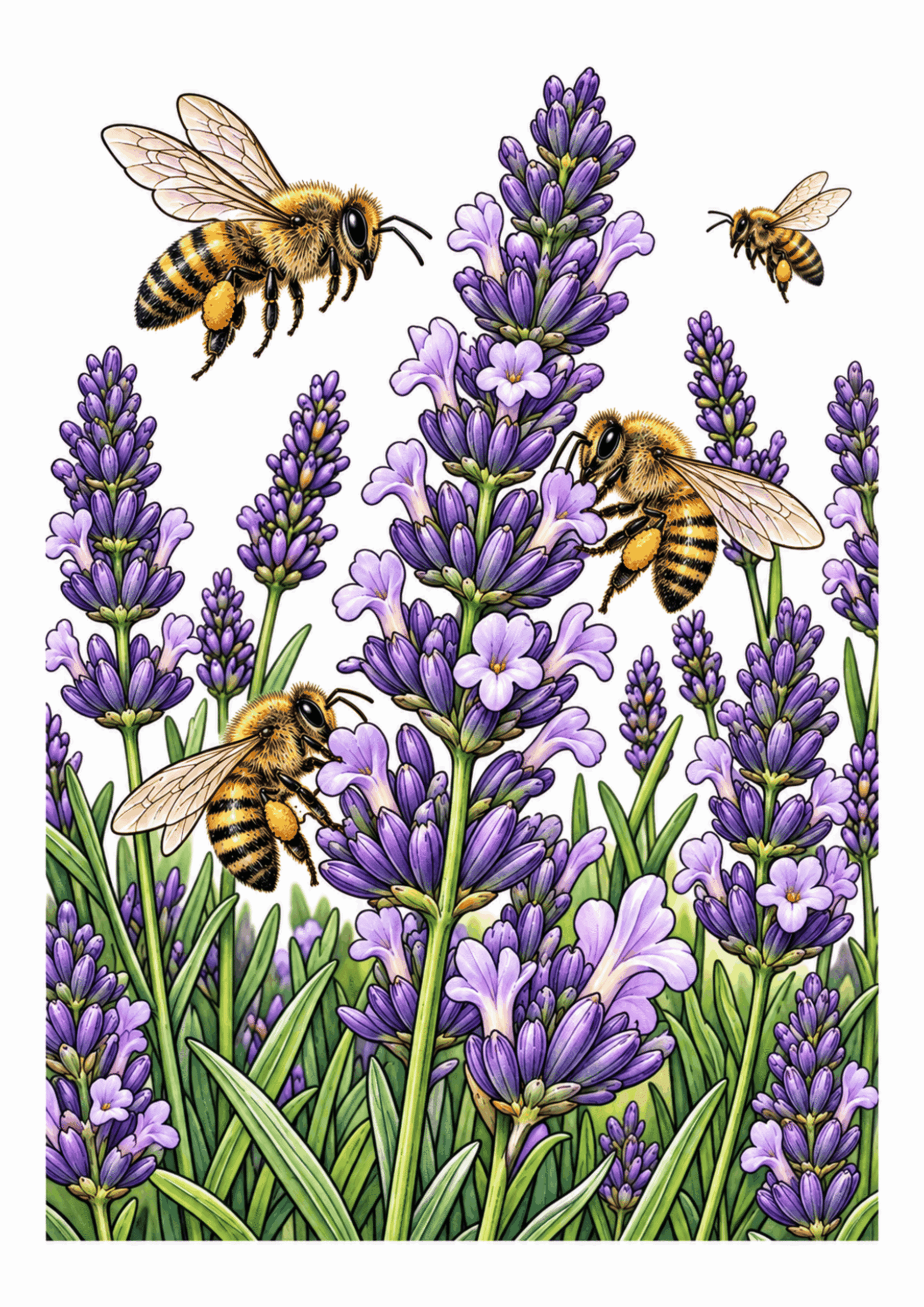 Bees visit purple lavender flowers in a sunny garden.