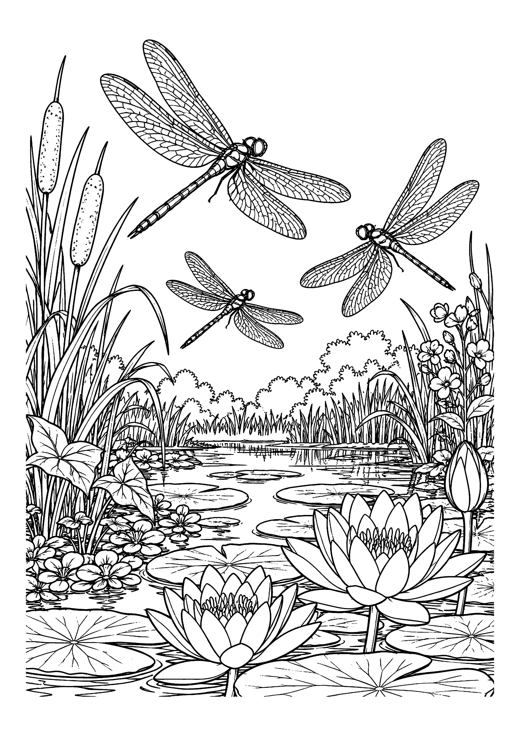 Black-and-white coloring page of dragonflies flying above a lily pond with cattails.