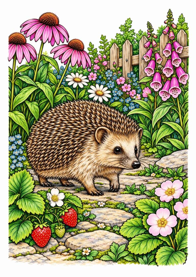 Hedgehog among garden flowers, foliage, and natural ground cover.