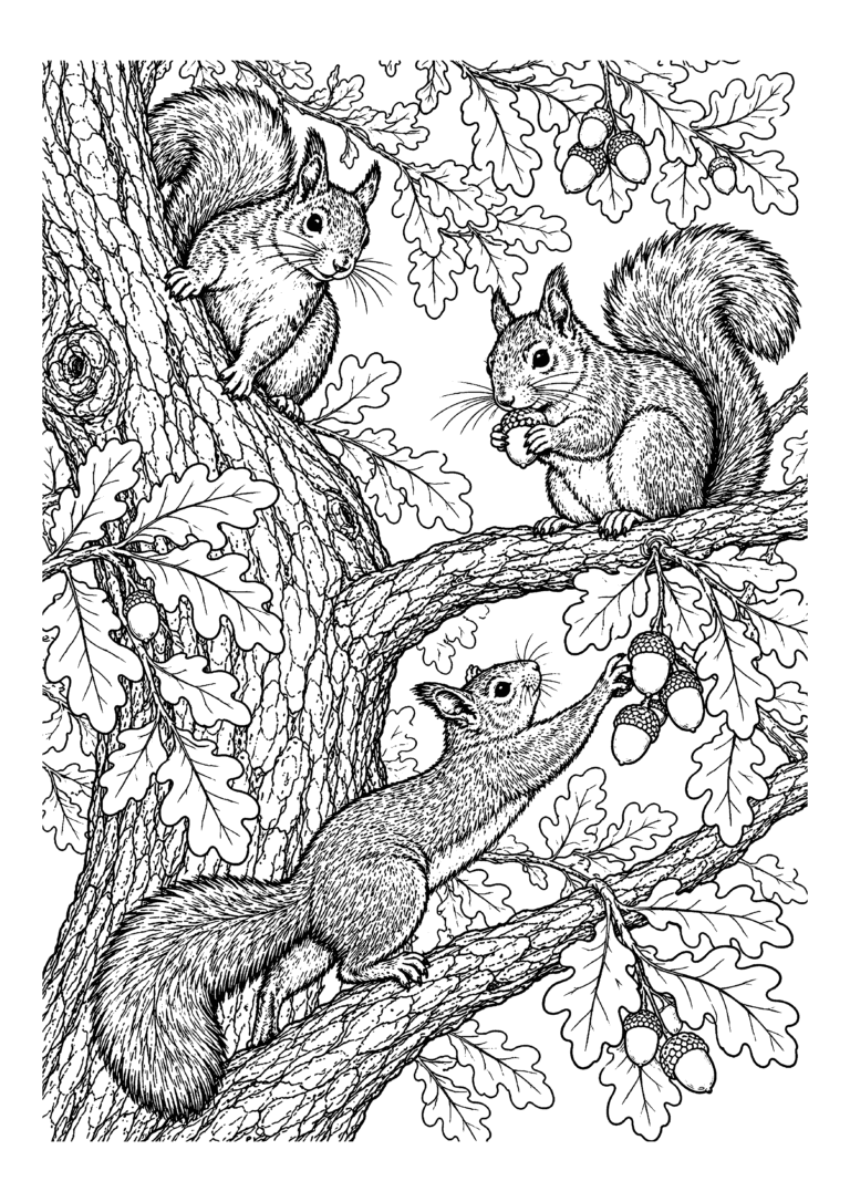 Black-and-white coloring page of squirrels climbing oak branches with leaves and acorns.