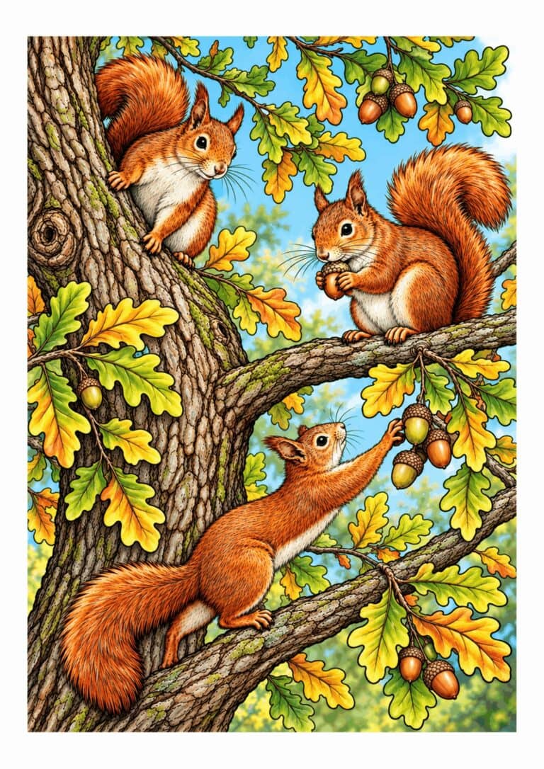Squirrels climb and gather near an oak tree with leaves and acorns.