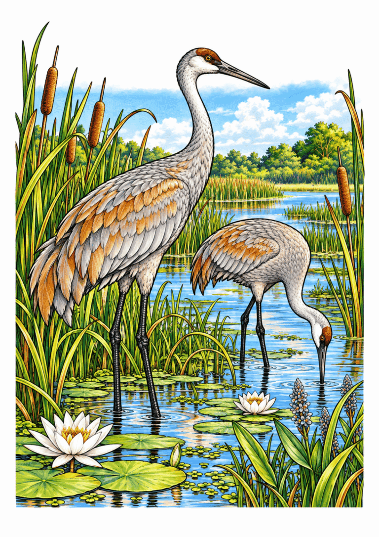 Cranes stand in a wetland among reeds and shallow water.