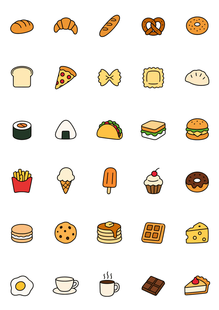 Colored example of the food tiny tattoo sheet, with 30 motifs in six rows and a palette of gold, red, green.