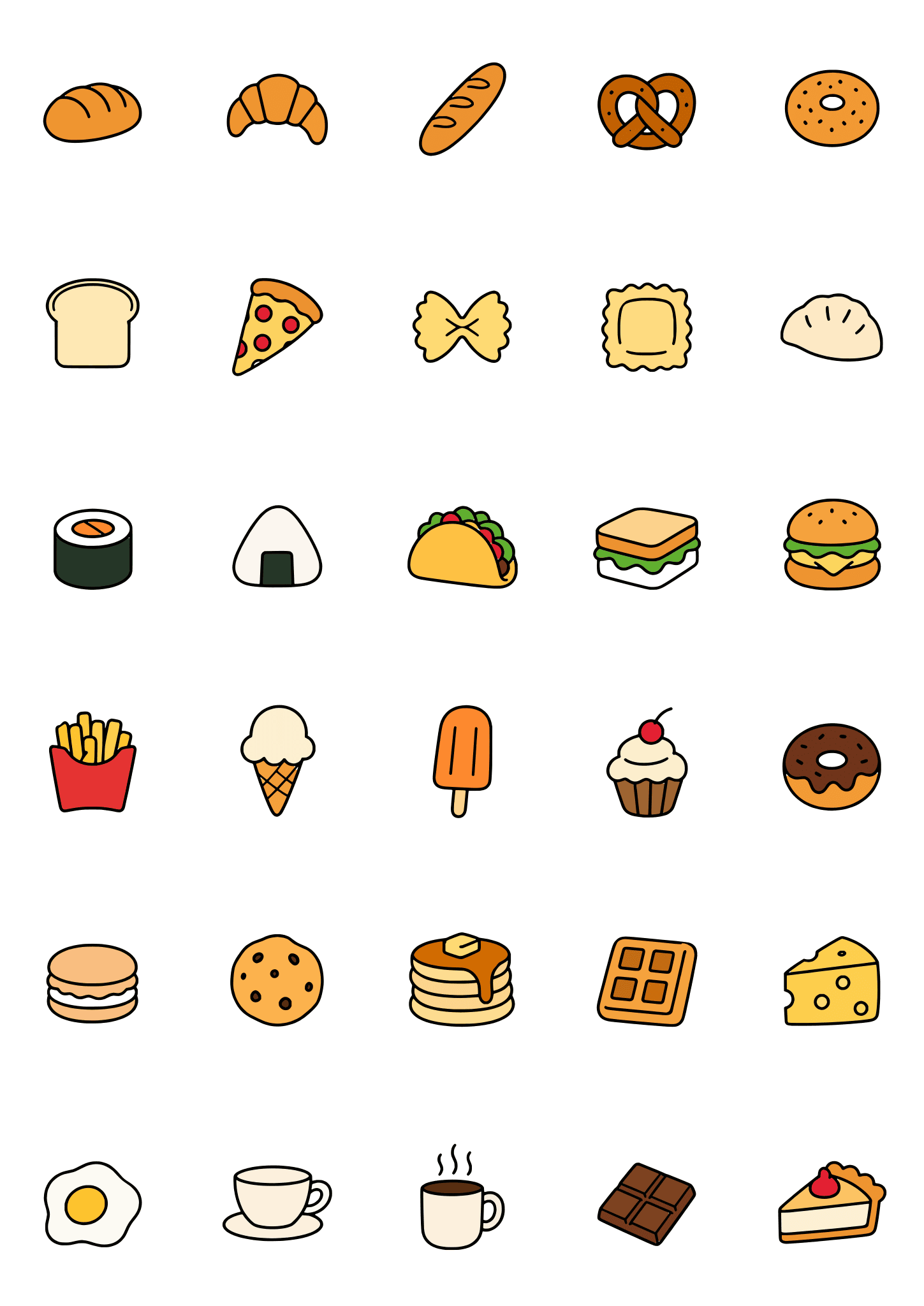 Colored example of the food tiny tattoo sheet, with 30 motifs in six rows and a palette of gold, red, green.