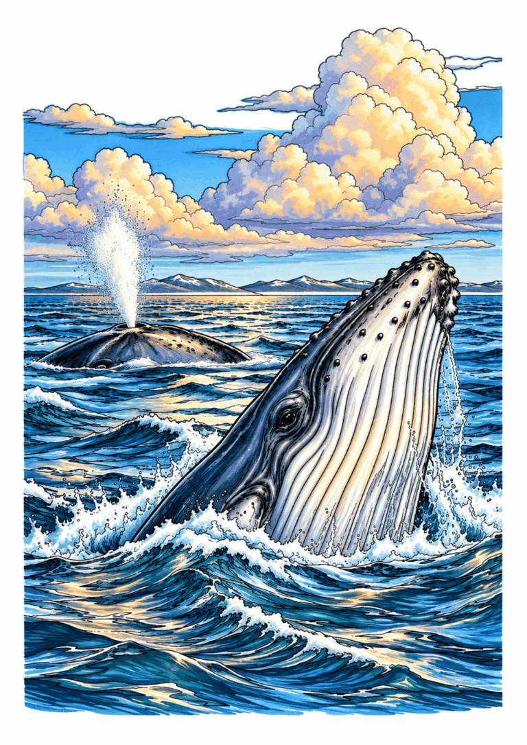 Whales surface in blue ocean water beneath the sky.