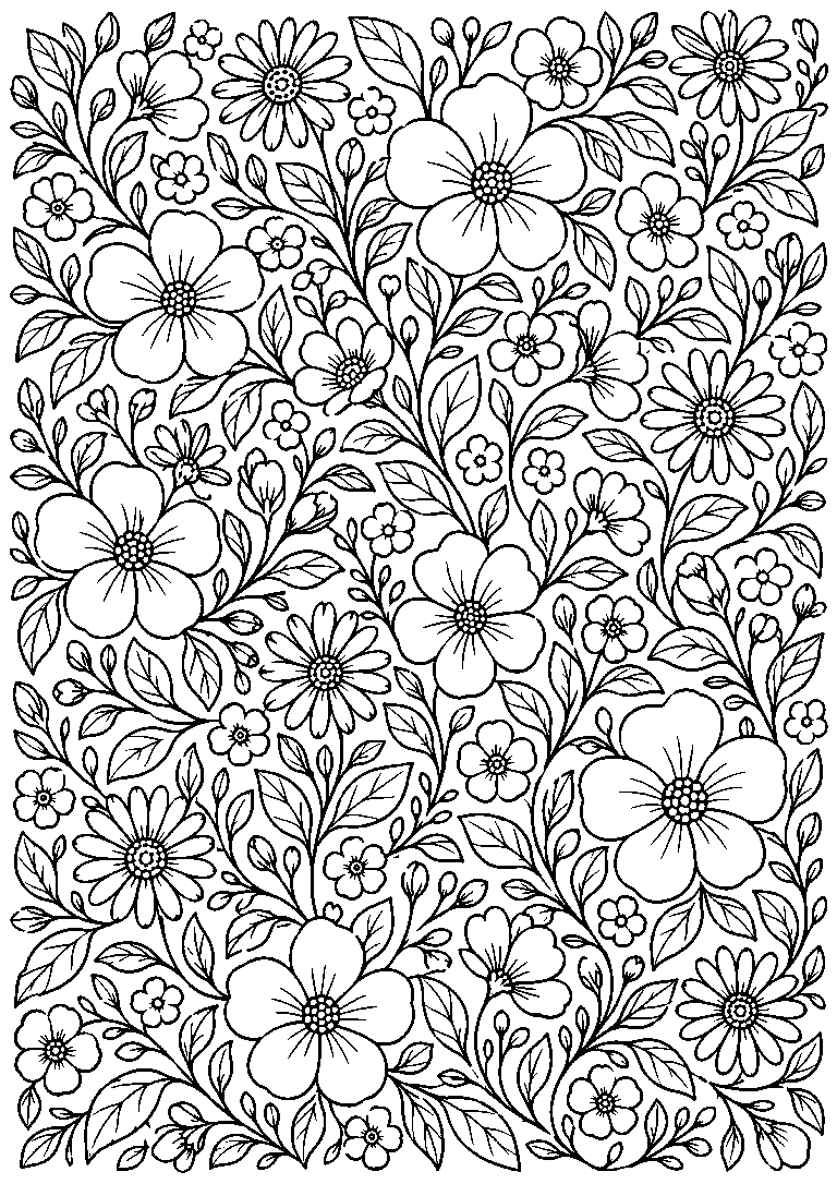 Black-and-white coloring page of a repeating pattern of daisies, five-petal flowers and tiny leaves.