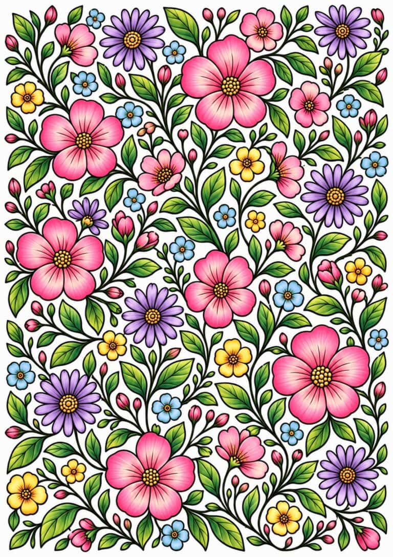 Repeating floral pattern with rounded blossoms and coordinated colors.