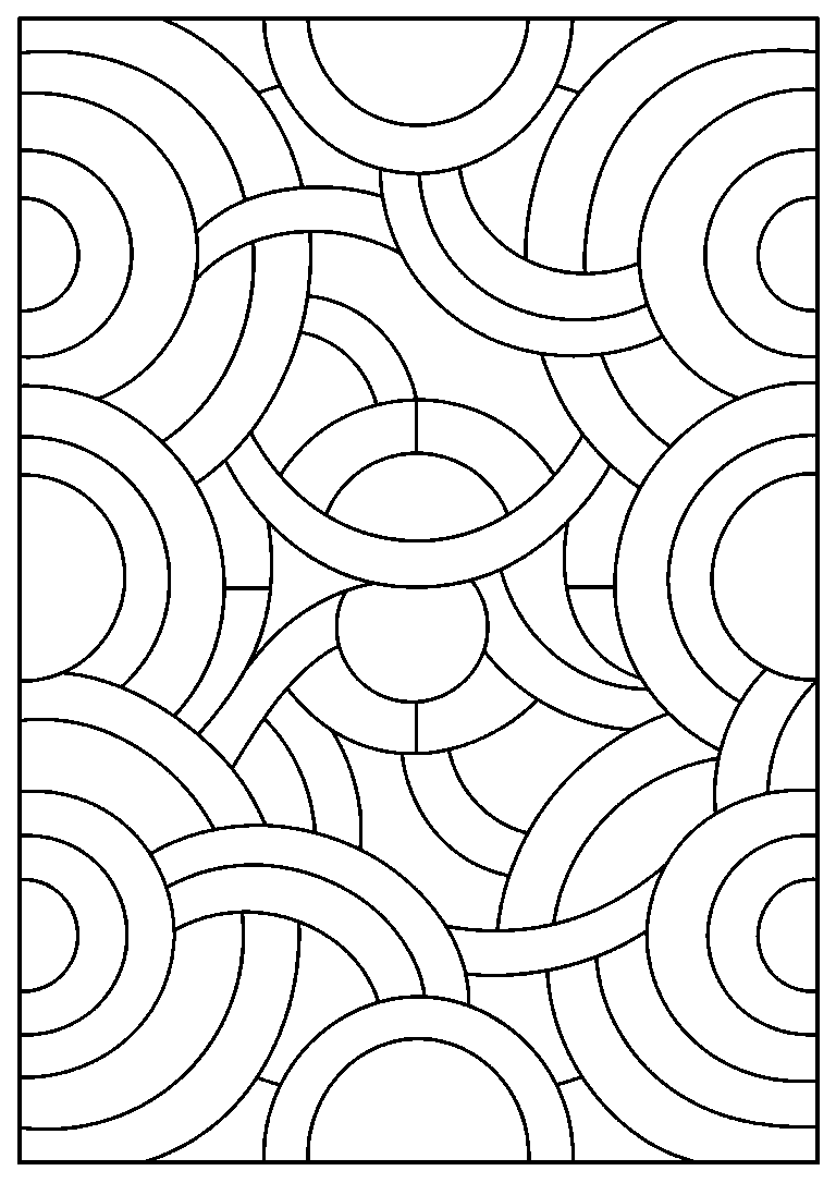 Black-and-white coloring page of interlocking circles, semicircles and broad curved bands in an abstract geometric pattern.