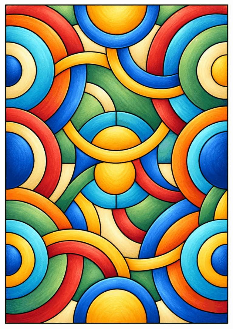 Preview coloring page of interlocking circles, semicircles and broad curved bands in an abstract geometric pattern.