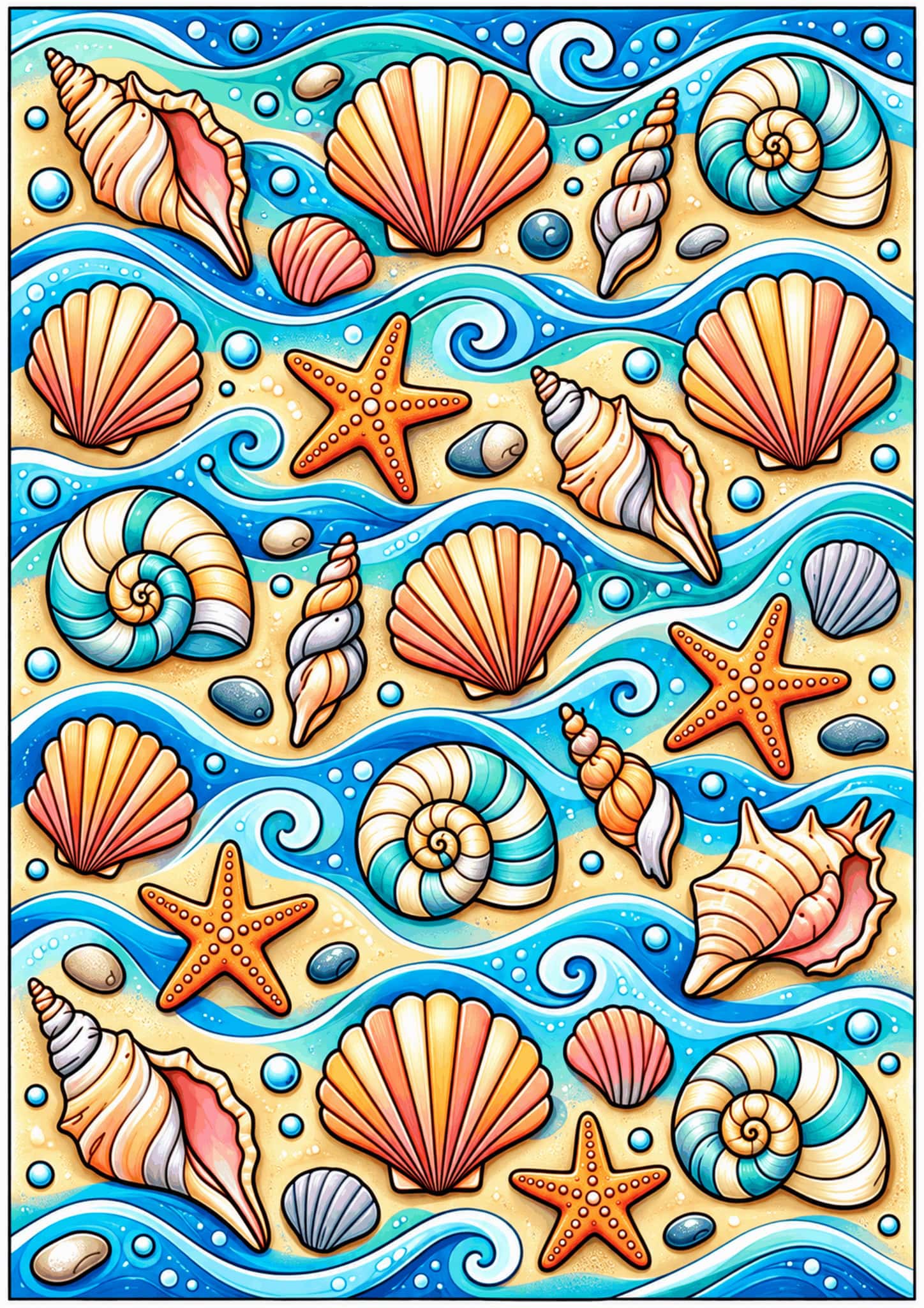 Seashells arranged among gently curving ocean waves.