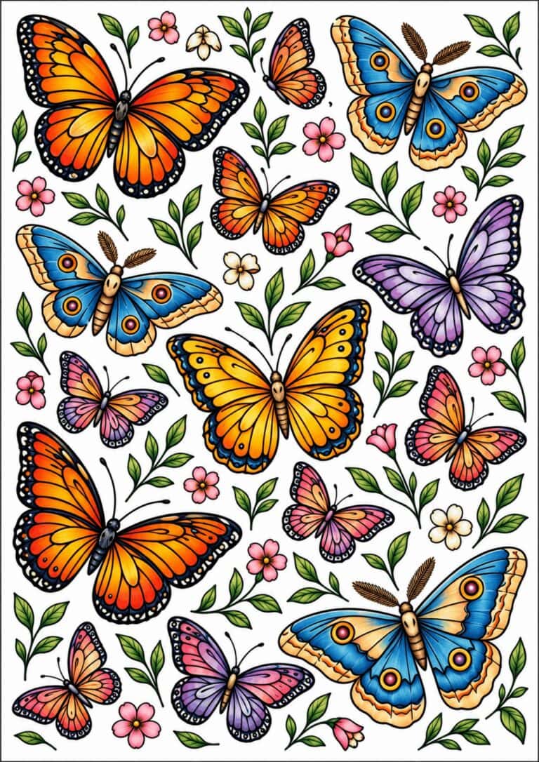 Repeating pattern of butterflies and moths with decorative wings.