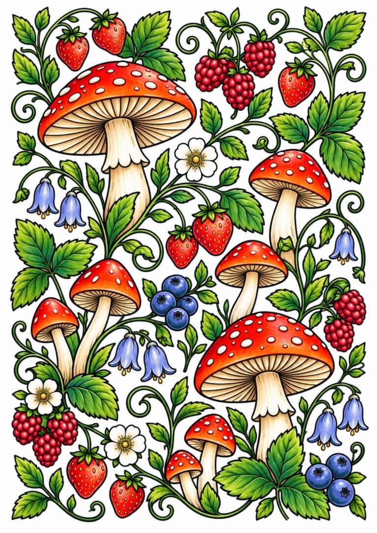 Woodland pattern of mushrooms, berries, leaves, and small botanical details.