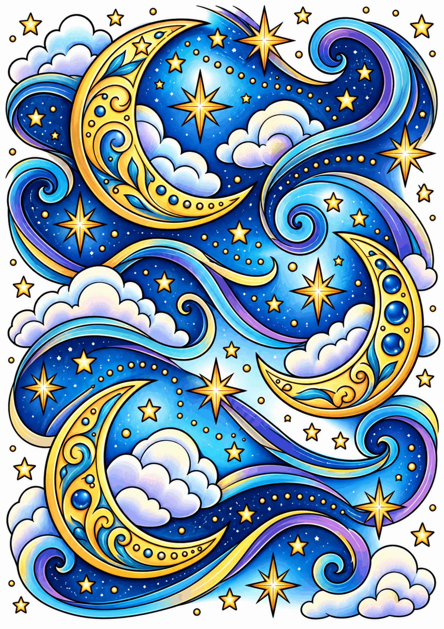 Decorative moons and stars woven into celestial swirls.