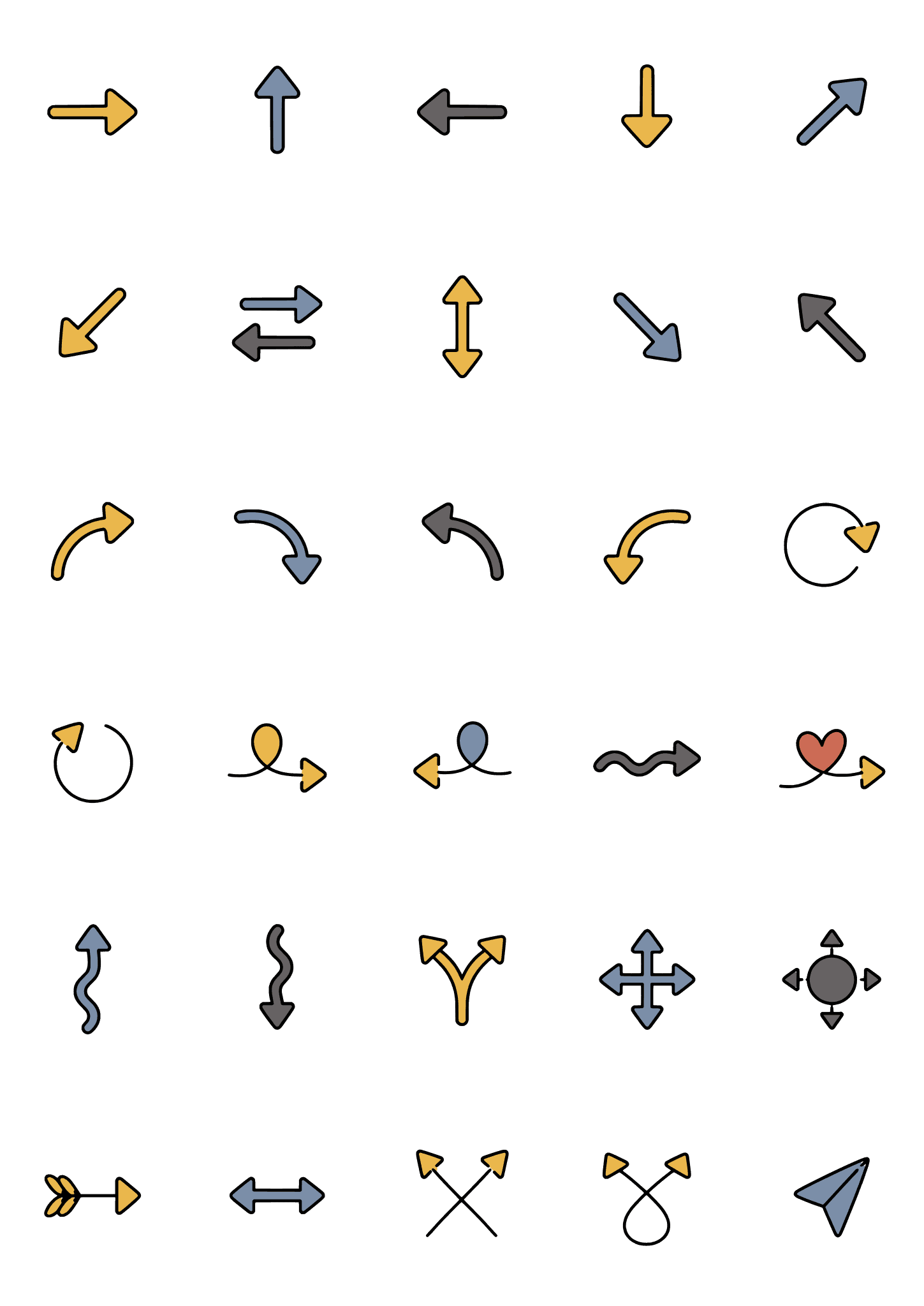 Colored example of the arrow tiny tattoo sheet, with 30 motifs in six rows and a palette of slate, blue, gray, red.
