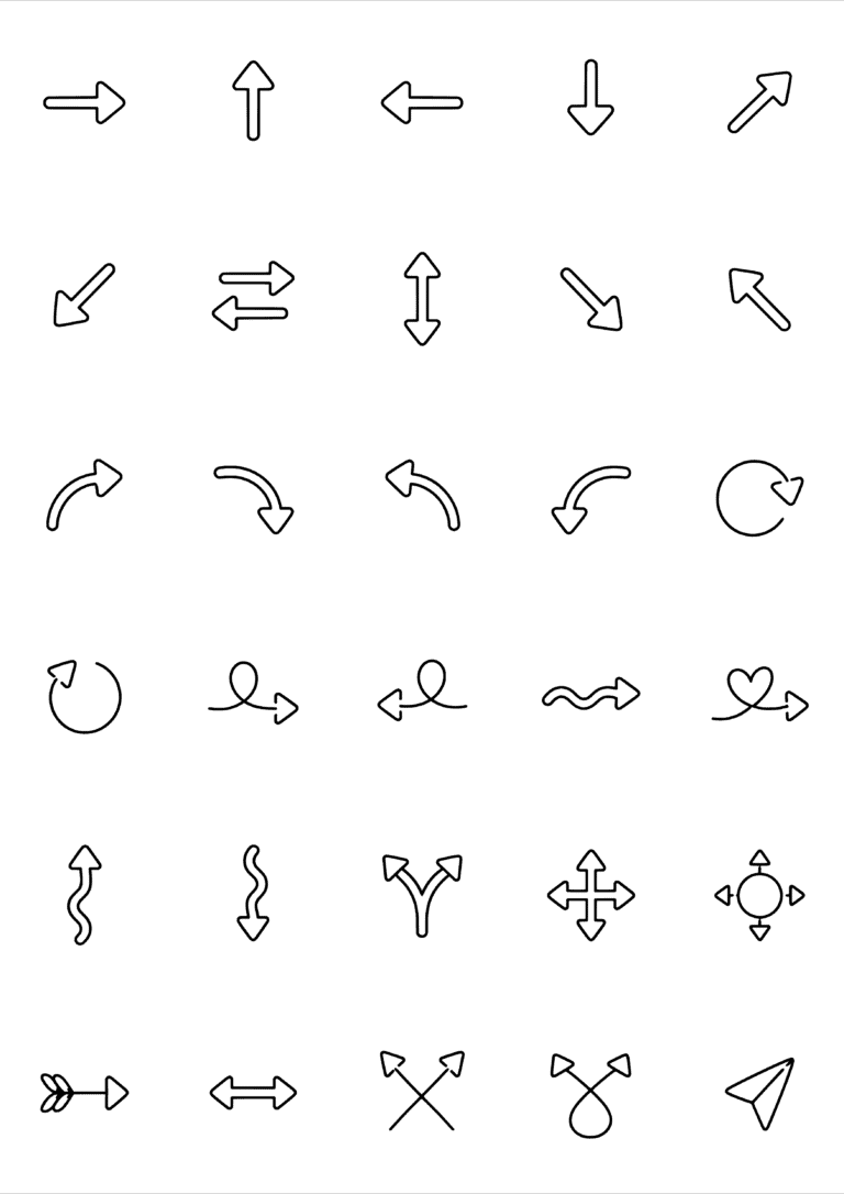 Black-and-white coloring and tiny tattoo sheet with 30 separate designs: straight, curved, looping, split and crossed arrows in many directions.