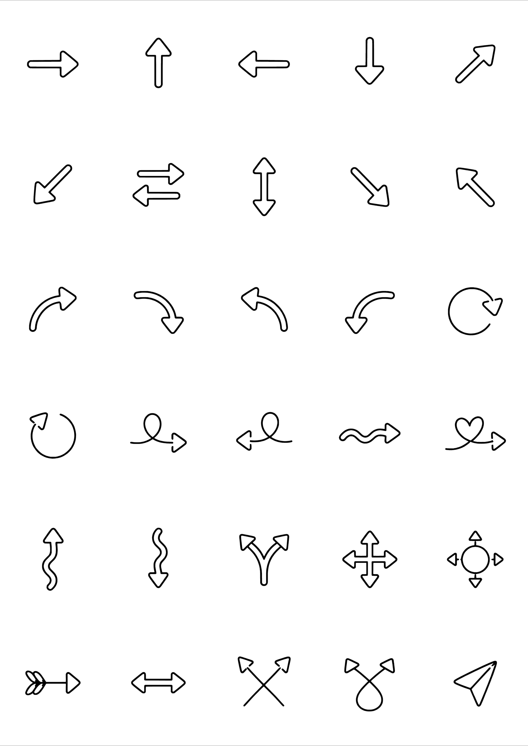 Black-and-white coloring and tiny tattoo sheet with 30 separate designs: straight, curved, looping, split and crossed arrows in many directions.