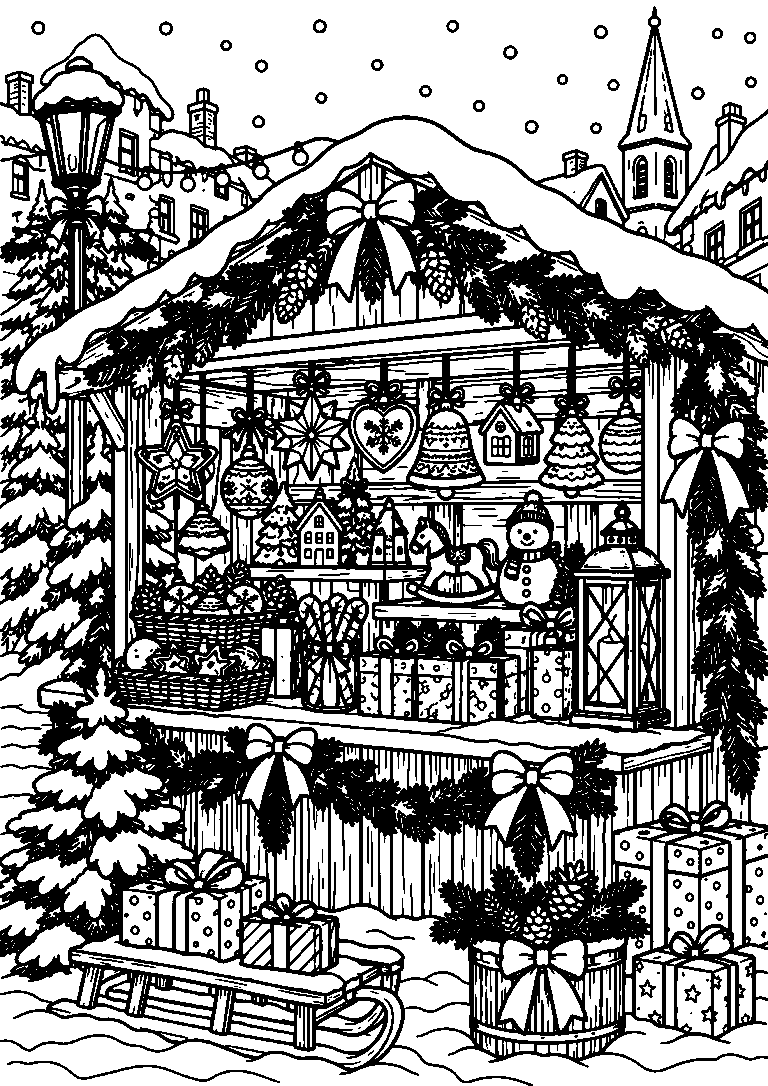 Black-and-white coloring page of a snowy Christmas market stall decorated with hanging ornaments, evergreen garlands and gifts.