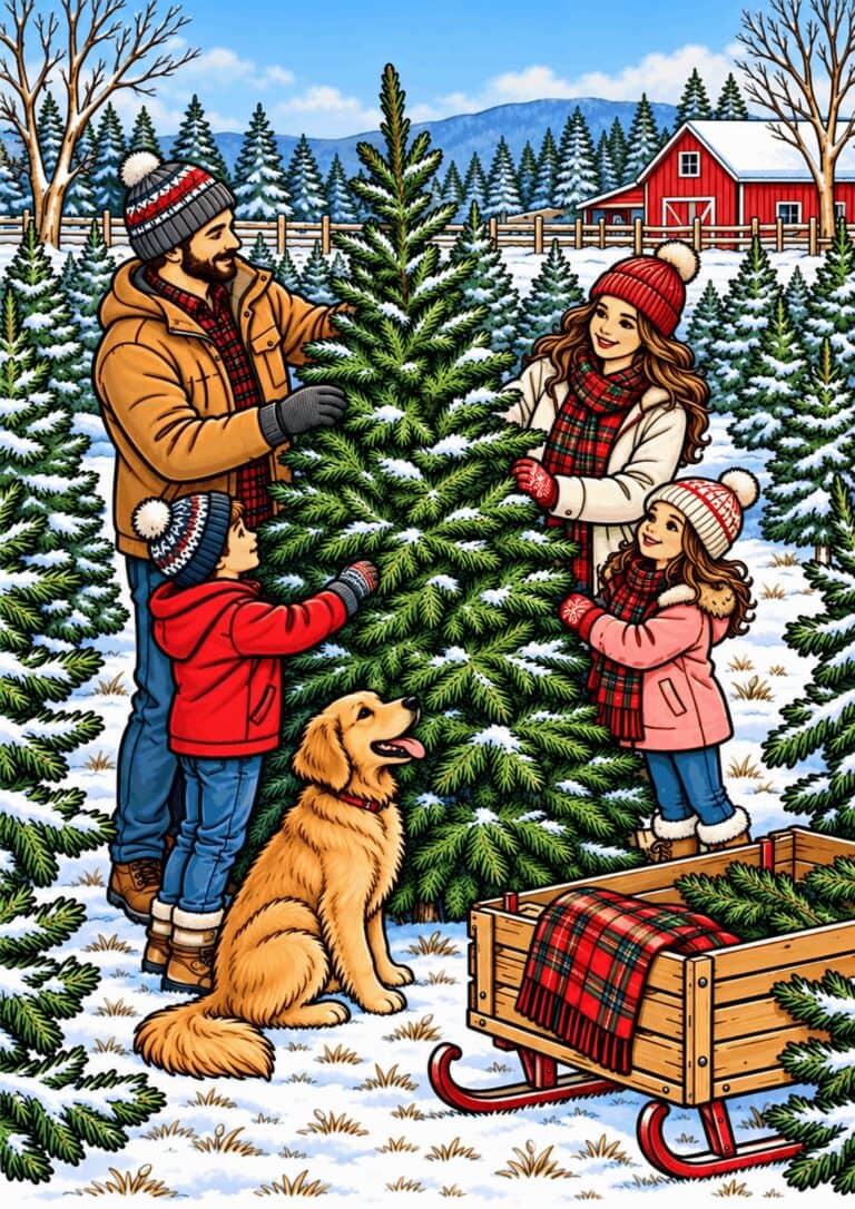 People choose a Christmas tree among rows of evergreens.