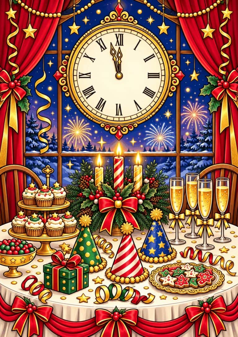 New Year countdown scene with celebratory decorations and a clock.