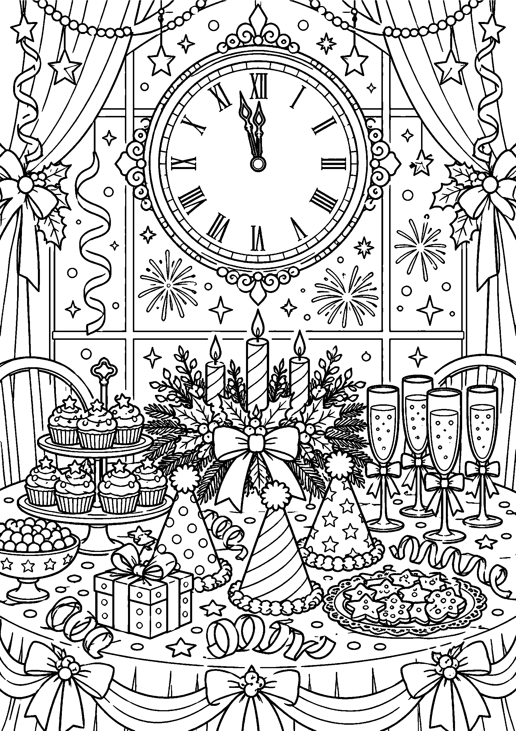 Black-and-white coloring page of a clock nearing midnight above a celebration table with party hats and decorations.