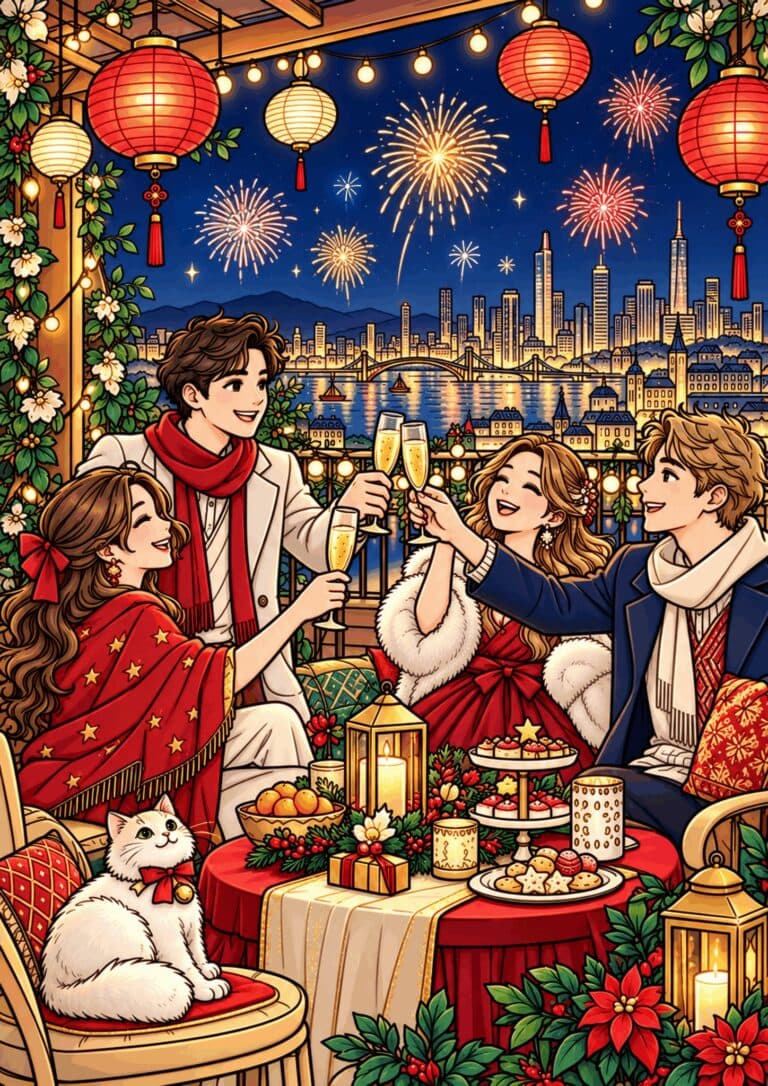 New Year celebration on a balcony with festive lights and decorations.