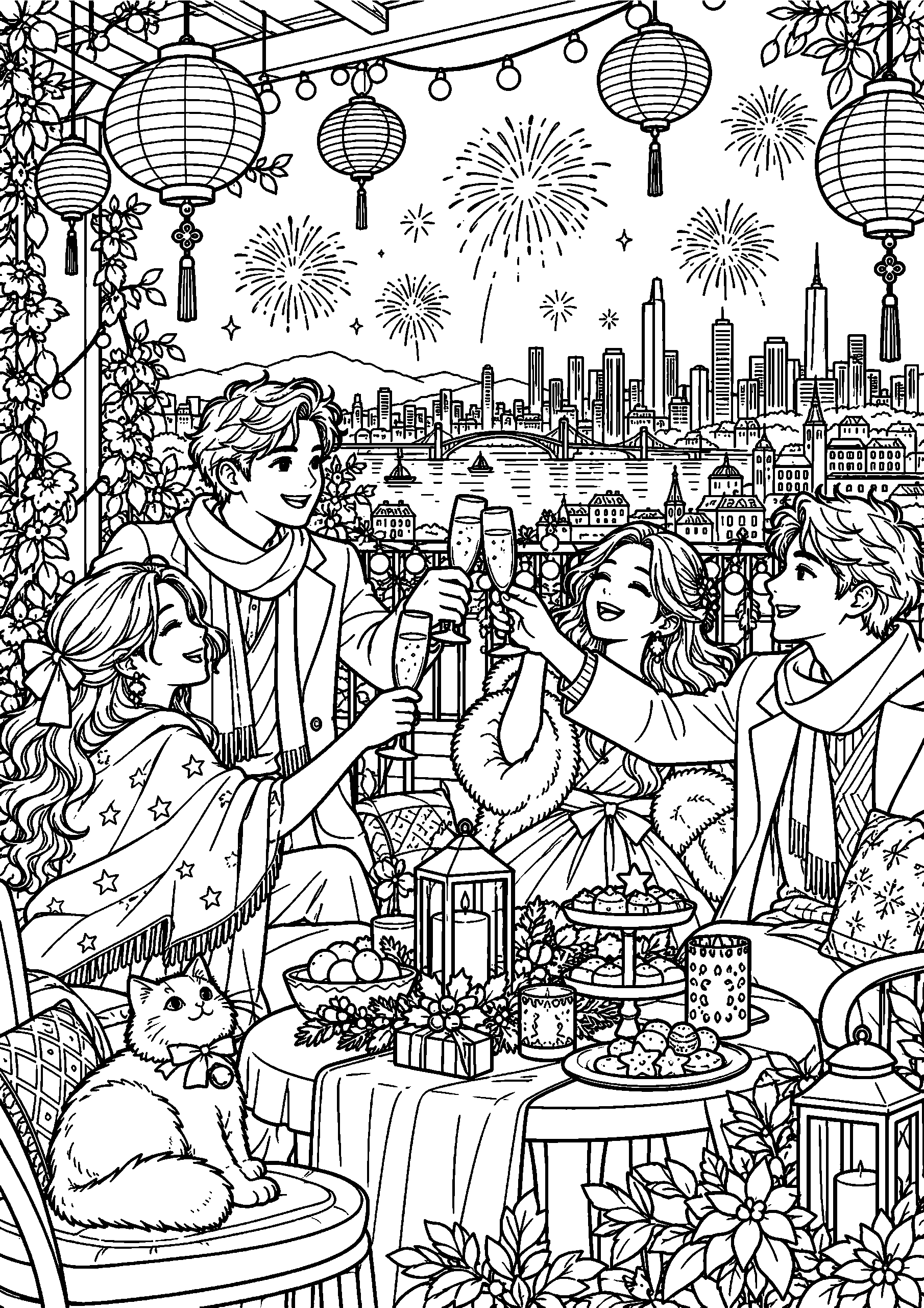 Black-and-white coloring page of friends celebrating New Year on a balcony under paper lanterns and fireworks.