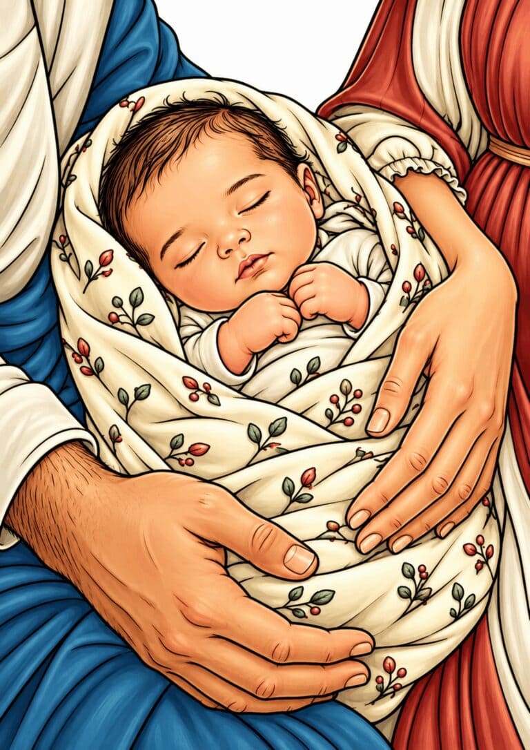 Newborn baby gently cradled in caring hands.