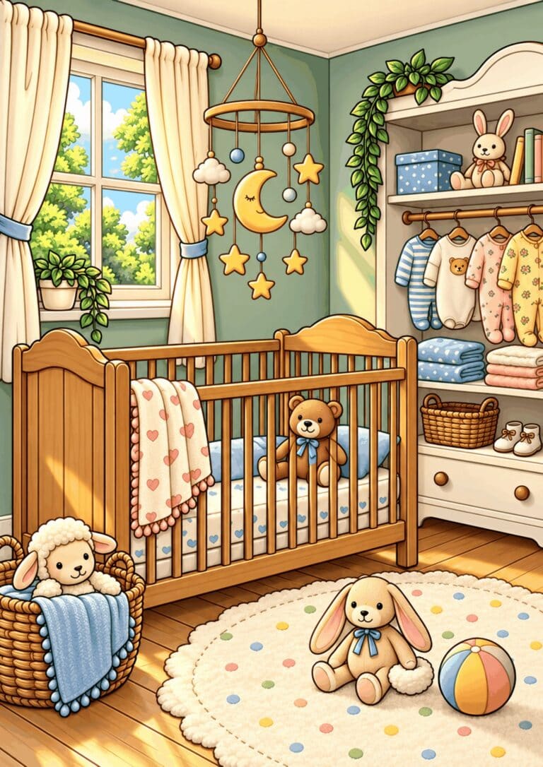 Quiet nursery with a crib and a hanging star mobile.