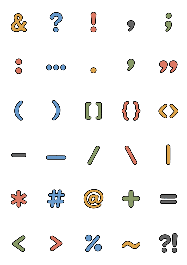 Colored example of the punctuation tiny tattoo sheet, with 30 motifs in six rows and a palette of blue, coral, green, ochre.