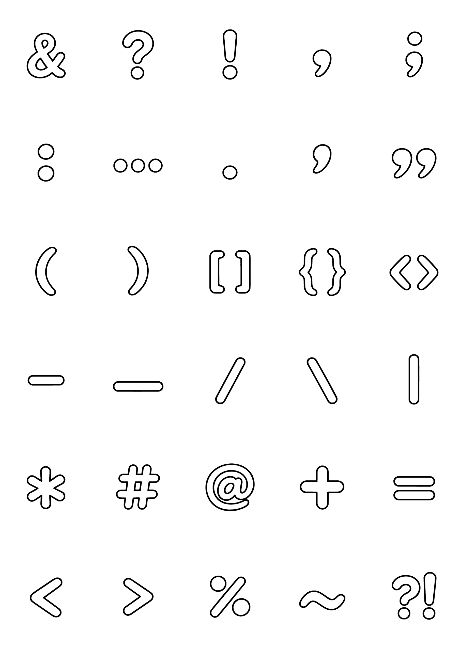 Black-and-white coloring and tiny tattoo sheet with 30 separate designs: ampersands, question marks, brackets, quotation marks and other punctuation signs.