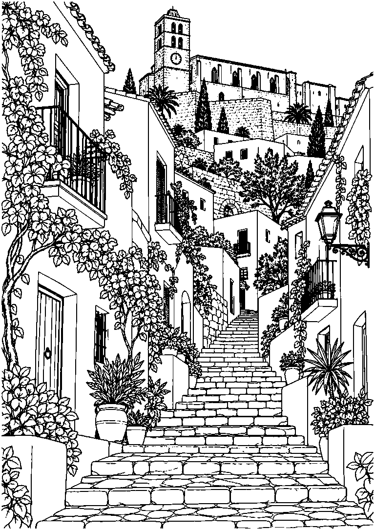Black-and-white coloring page of stone steps winding through Ibiza’s Dalt Vila among whitewashed houses and flowering balconies.
