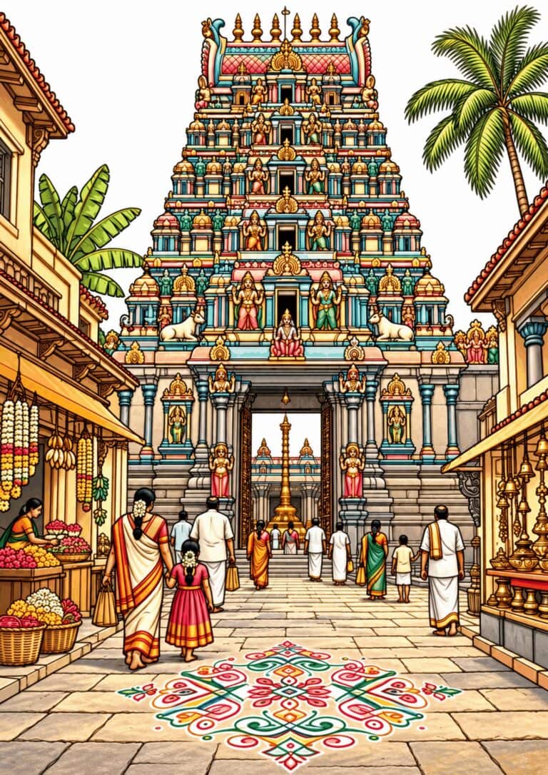 Ornate temple tower in Tamil Nadu above a decorative kolam design.