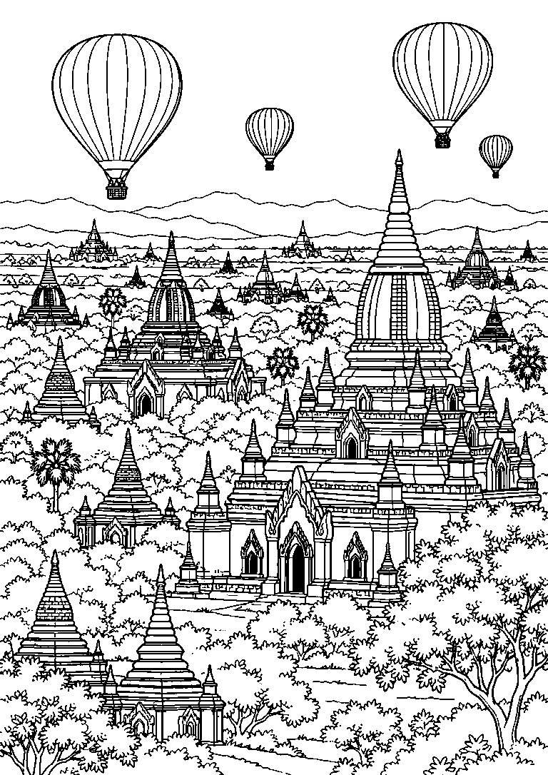 Black-and-white coloring page of ancient Bagan temples stretching across a plain beneath floating hot-air balloons.