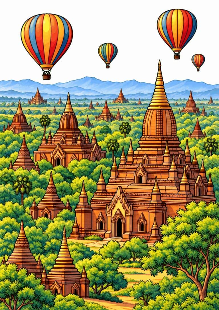 Ancient Bagan temples spread across the landscape beneath hot air balloons.