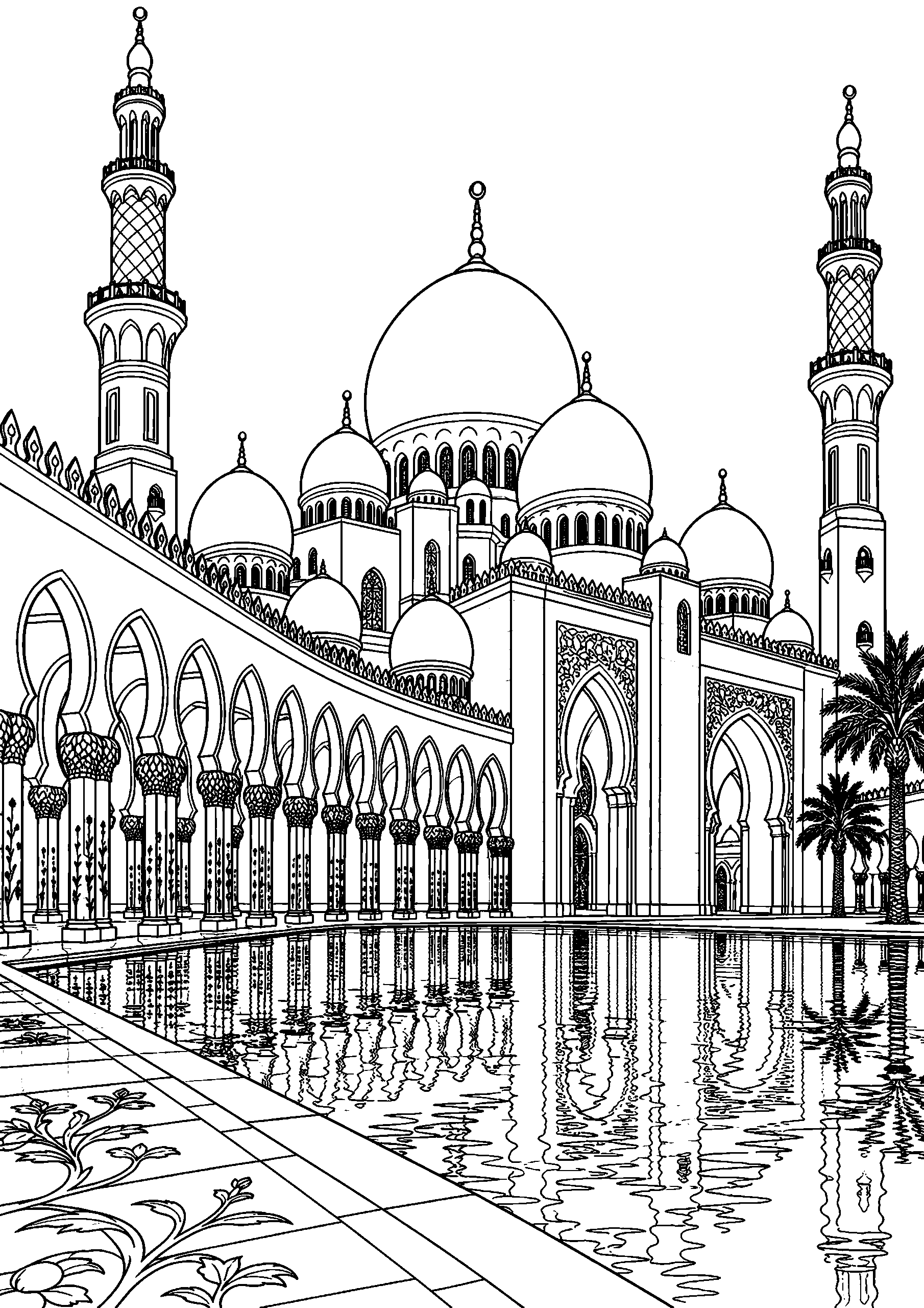 Black-and-white coloring page of the Sheikh Zayed Grand Mosque with domes and minarets reflected in a courtyard pool.
