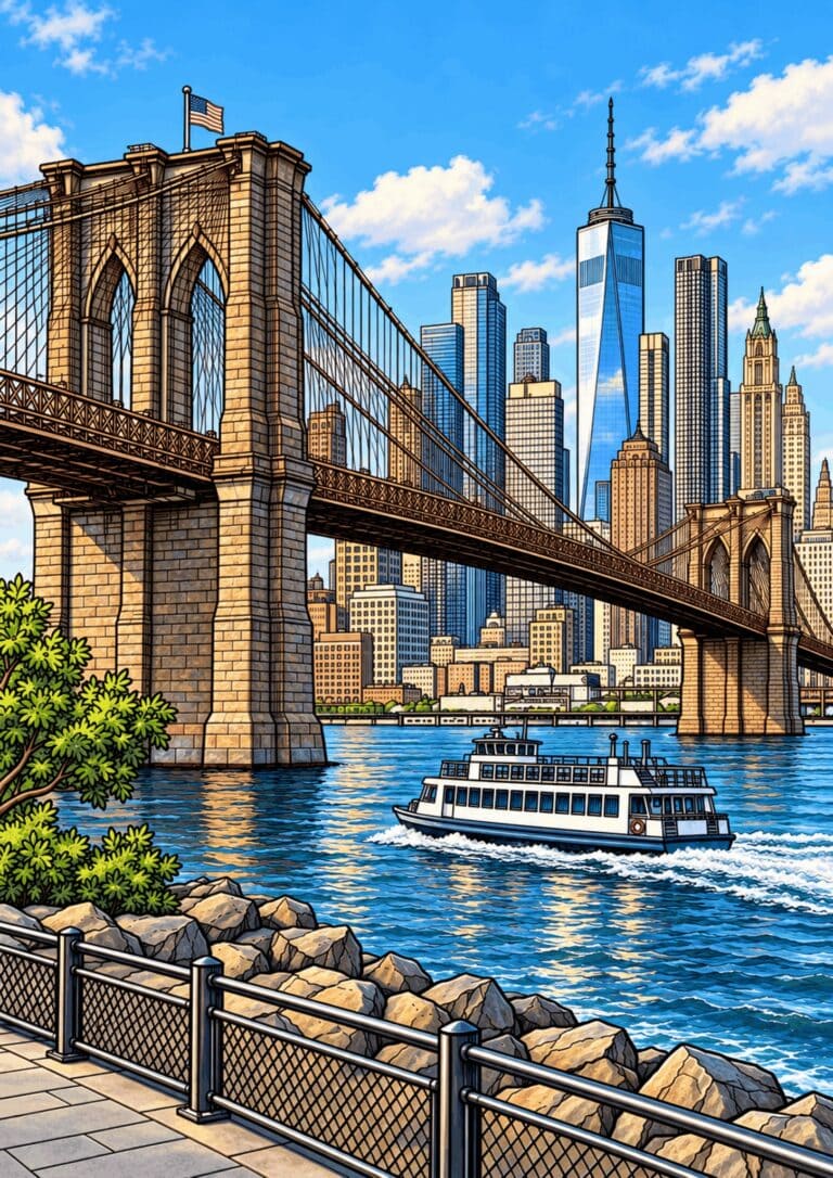Brooklyn Bridge crossing the river with a ferry and New York skyline.
