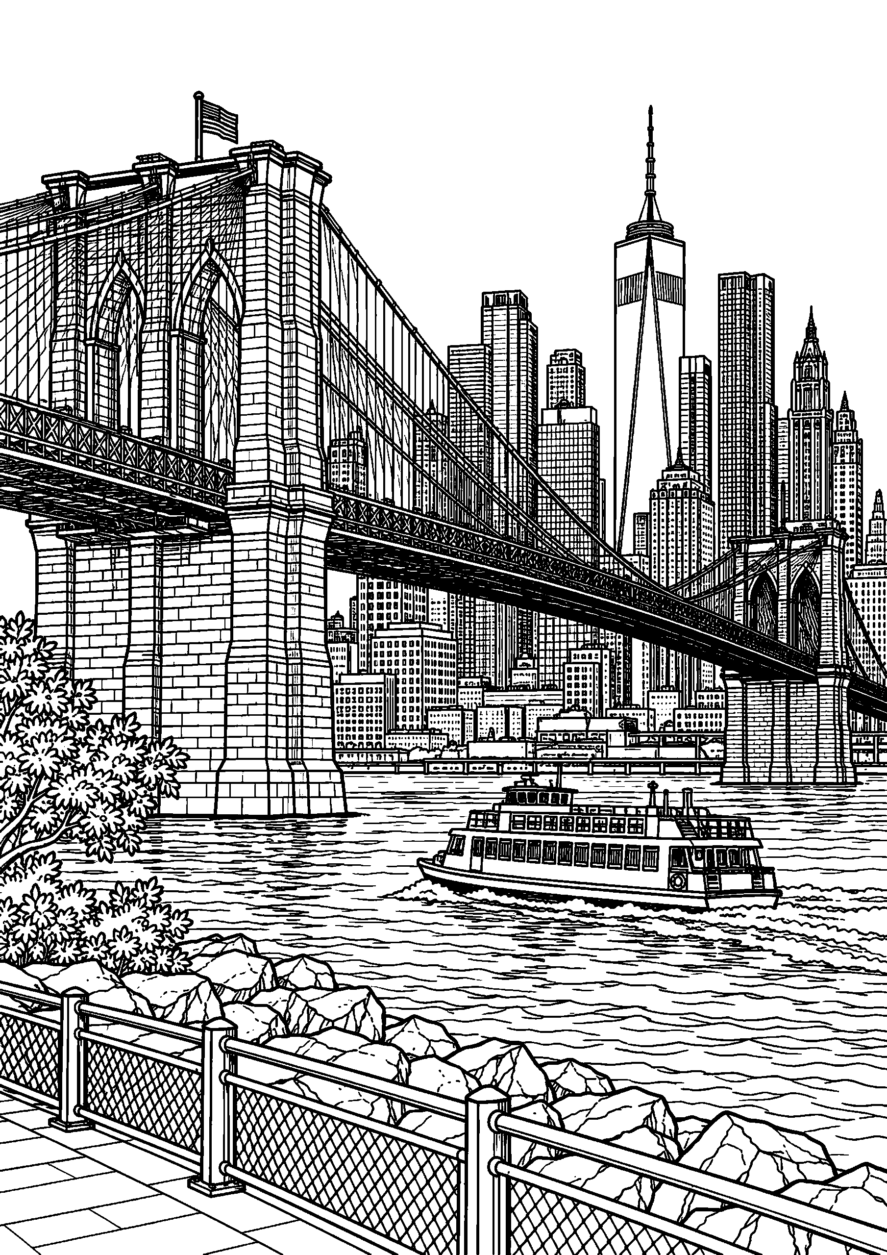Black-and-white coloring page of New York’s Brooklyn Bridge above a ferry on the East River with skyscrapers in the distance.