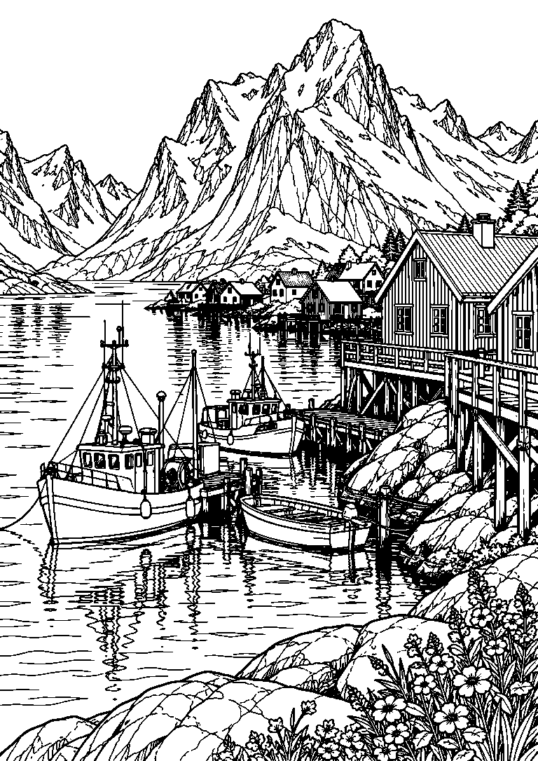 Black-and-white coloring page of fishing cabins and moored boats beside a steep mountain fjord in Norway’s Lofoten Islands.