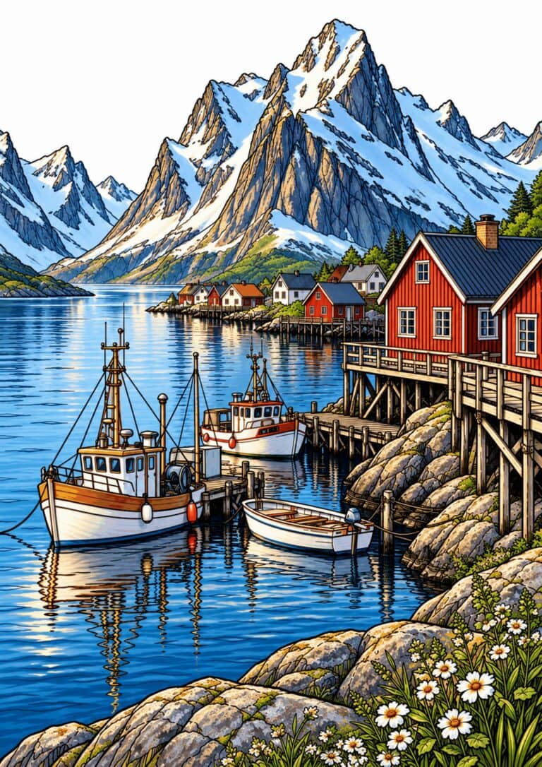 Red fishing cabins and boats beside a Norwegian fjord beneath snowy mountains.