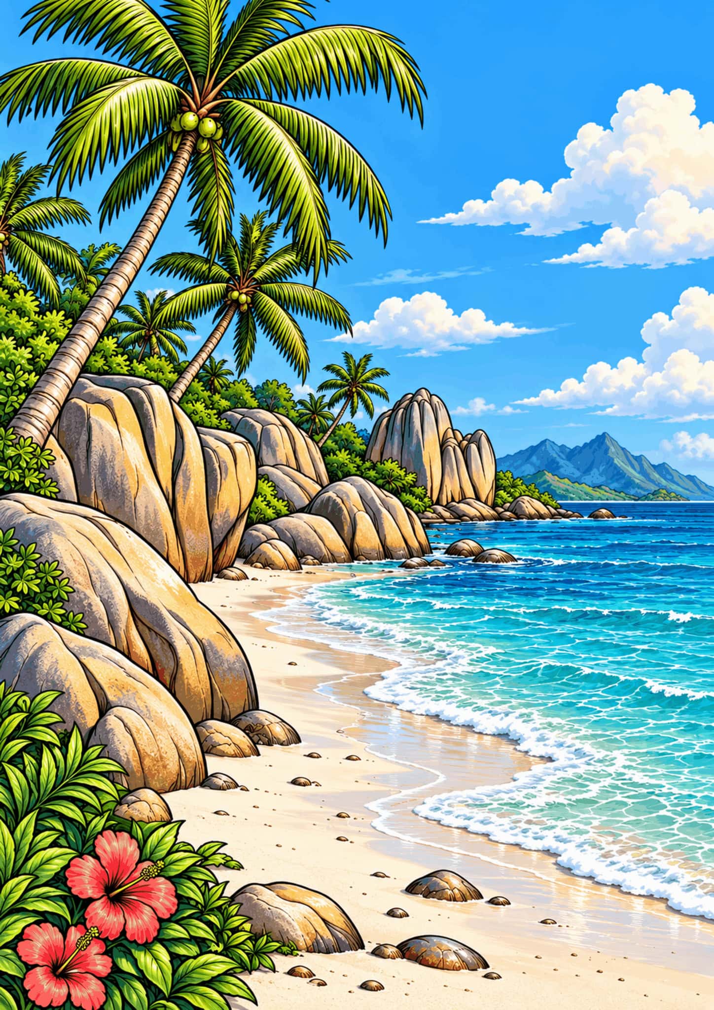 Turquoise waves wash onto a Seychelles beach lined with granite boulders and palms.