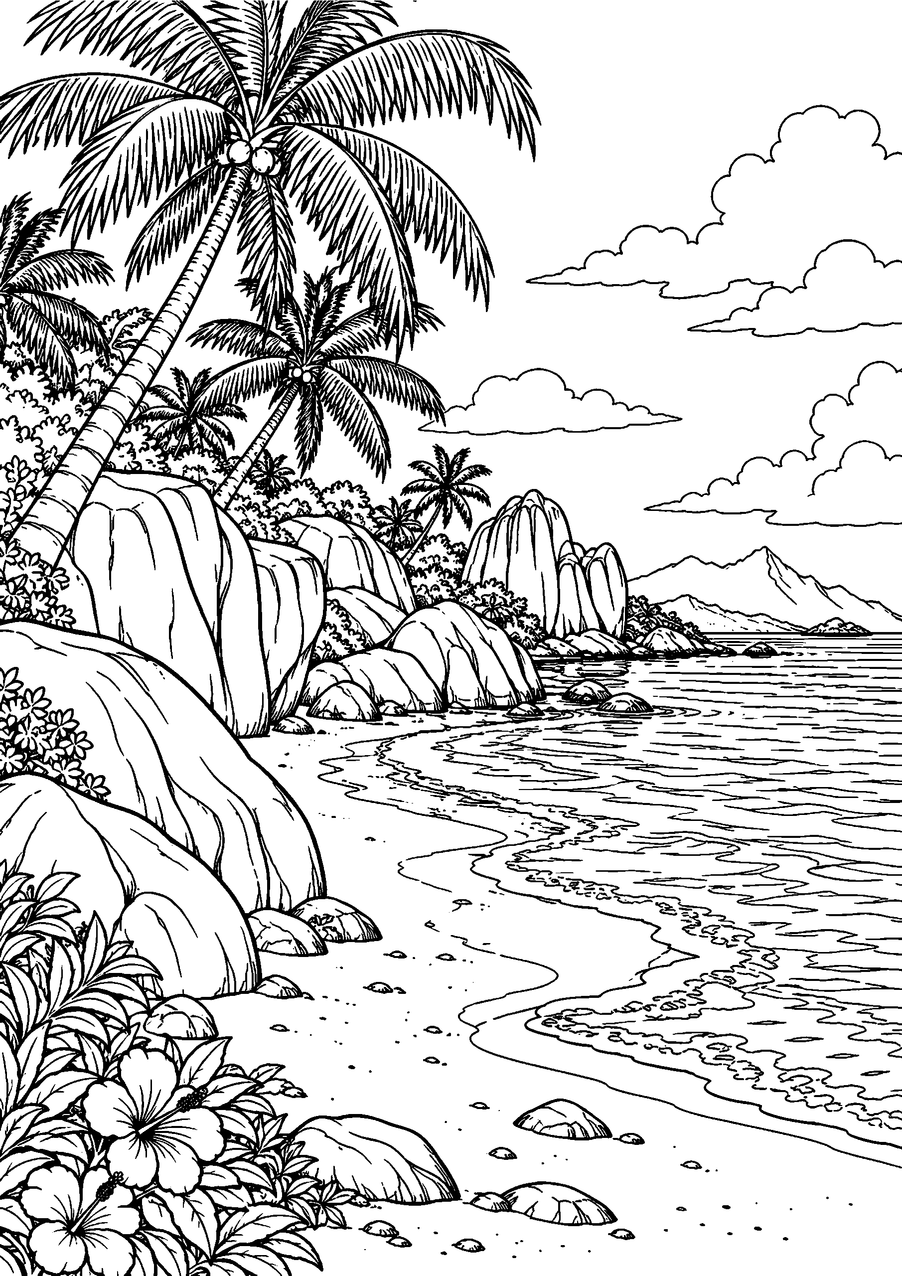 Black-and-white coloring page of a Seychelles beach with palm trees, rounded granite boulders and a curving shoreline.