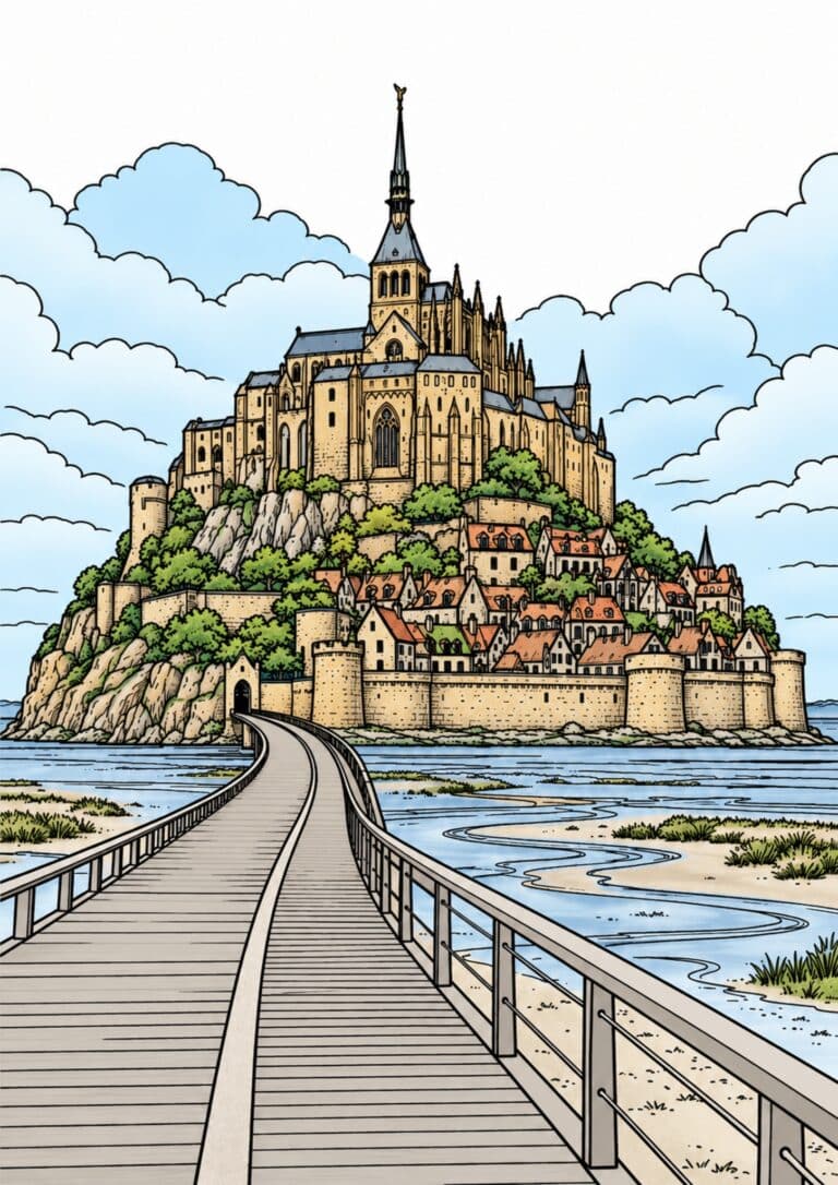 Mont Saint-Michel rising above the tidal flats at the end of a long causeway.