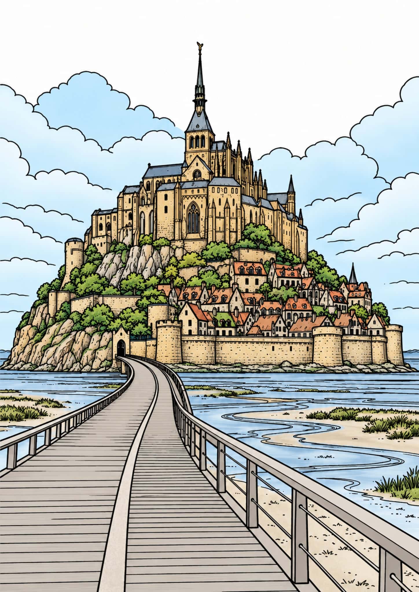 Mont Saint-Michel rising above the tidal flats at the end of a long causeway.