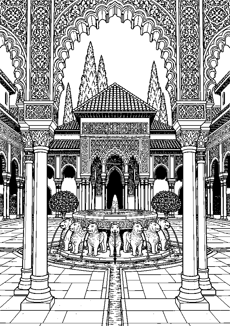 Black-and-white coloring page of an Alhambra courtyard in Granada with ornate arches, columns and a central fountain.