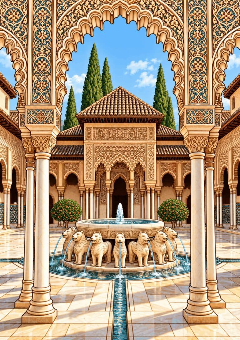 Ornate arches and a lion fountain in the Alhambra courtyard in Granada.