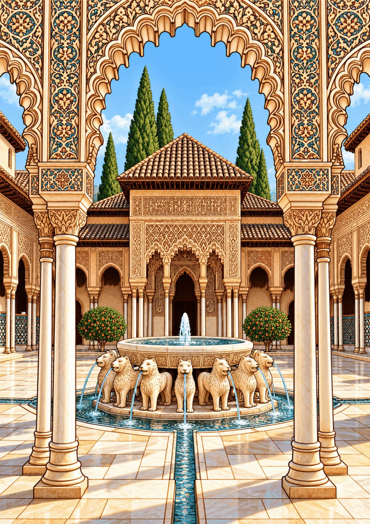 Ornate arches and a lion fountain in the Alhambra courtyard in Granada.