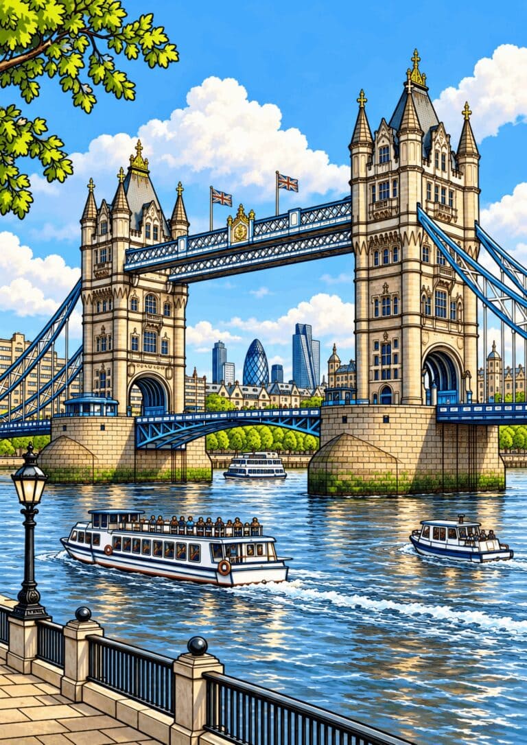 London Tower Bridge spanning the Thames as riverboats pass beneath it.