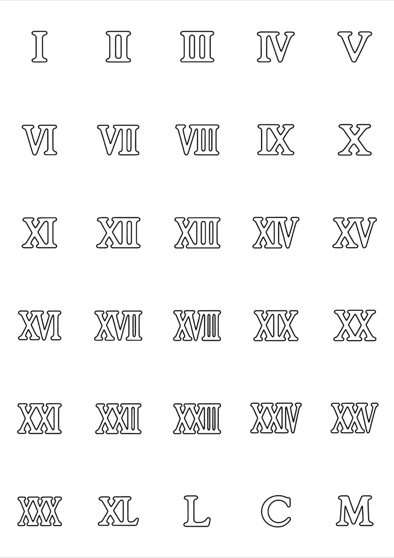 Black-and-white coloring and tiny tattoo sheet with 30 separate designs: Roman numerals from simple single signs to longer grouped combinations.